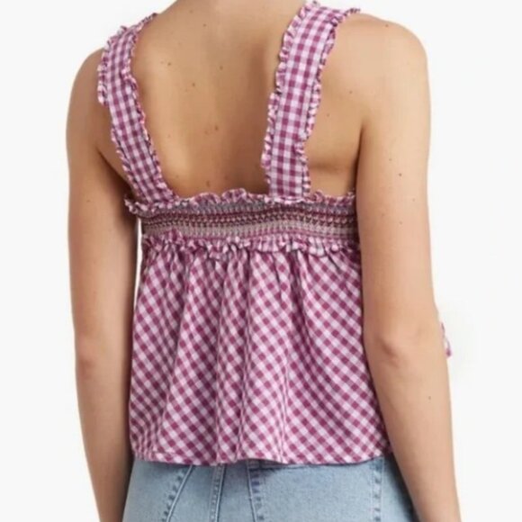FRENCH CONNECTION Adla Gingham Smocked Top Purple White sz S NWT - Picture 2 of 2